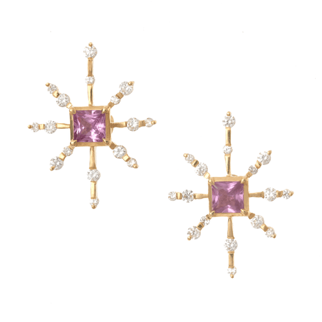 Pink Sapphire & Diamond Starburst Earrings 18K Gold Handmade Fine Jewelry