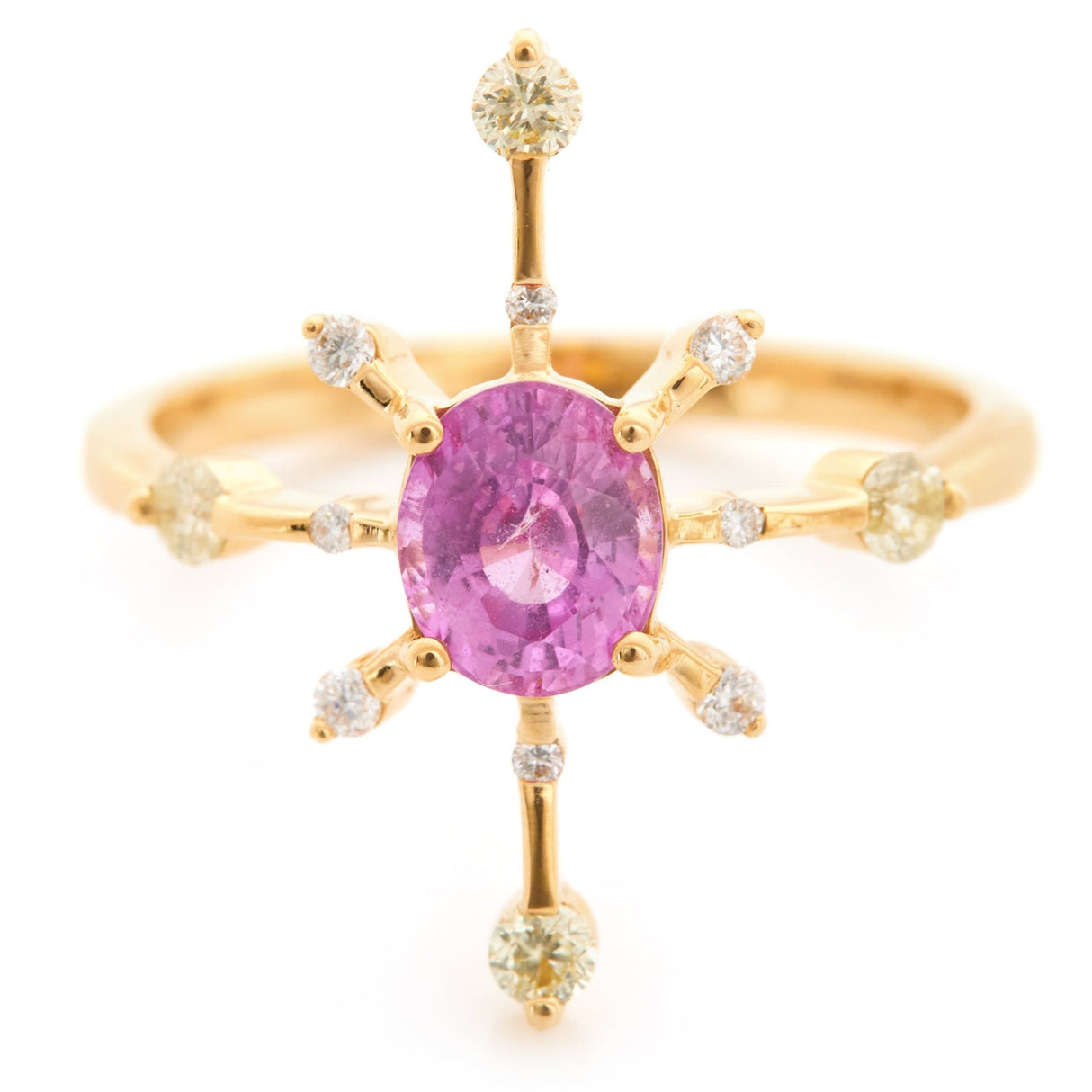 Pink Sapphire & Diamond Starburst Ring 18k gold engagement ring