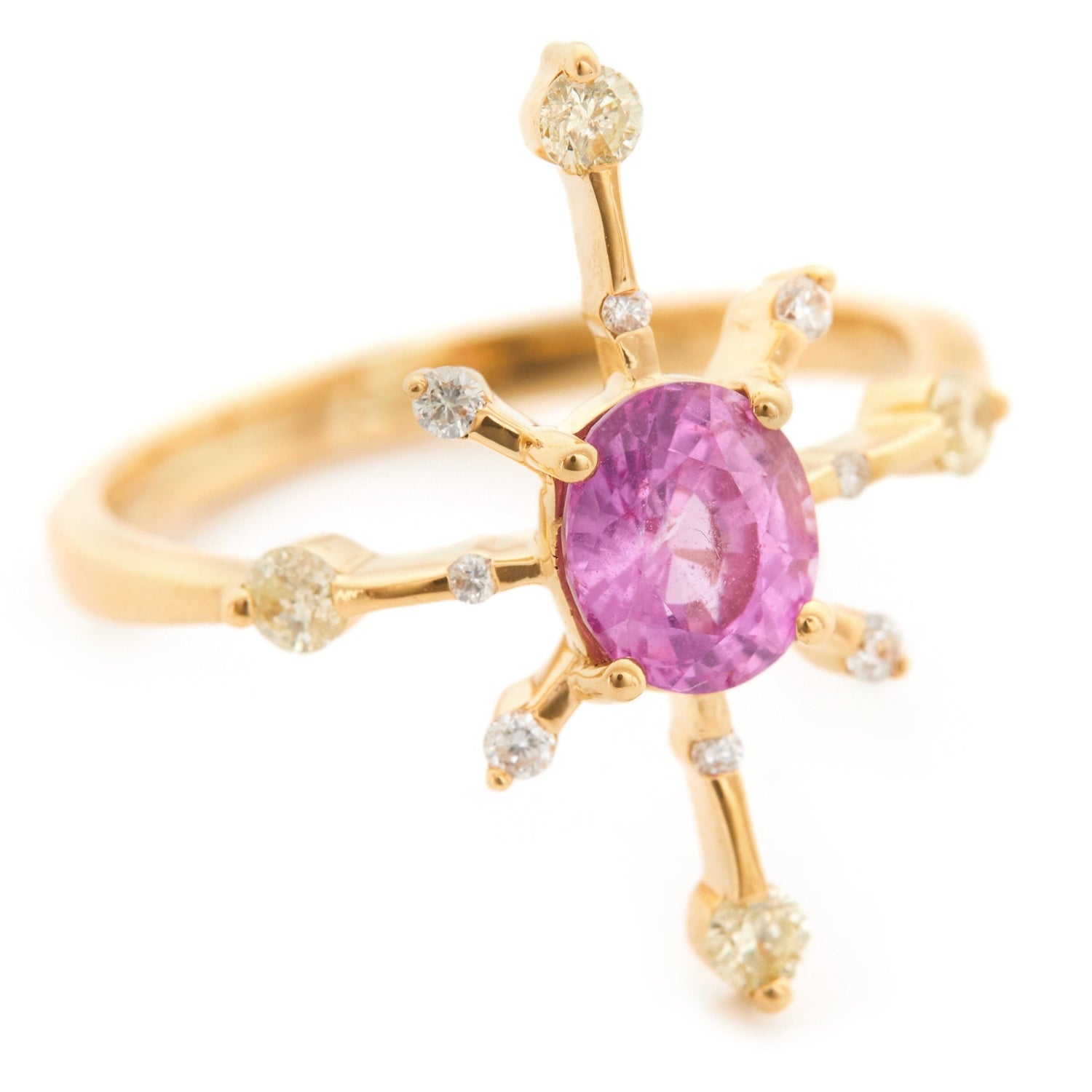 Pink Sapphire & Diamond Starburst Ring 18k gold engagement ring side view