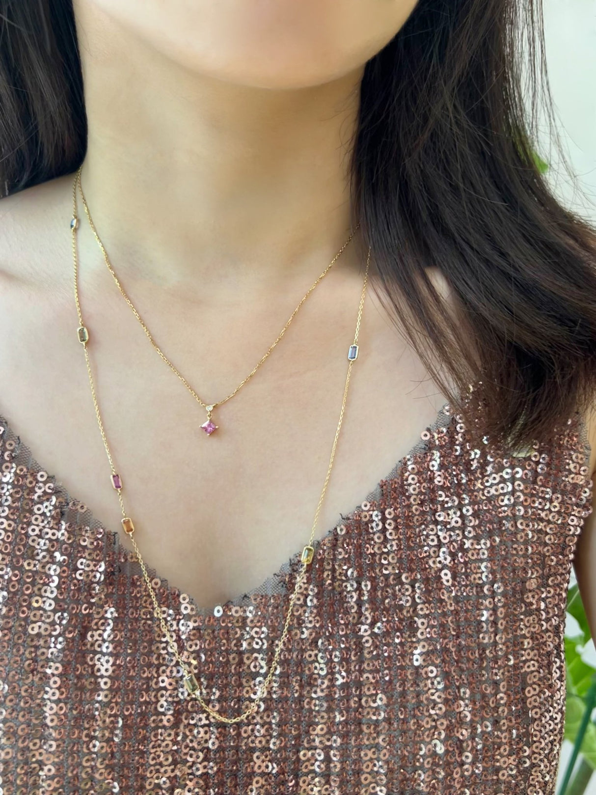 Pink Sapphire & Diamond Whispers Necklace 18k gold handmade fine jewelry on model 2