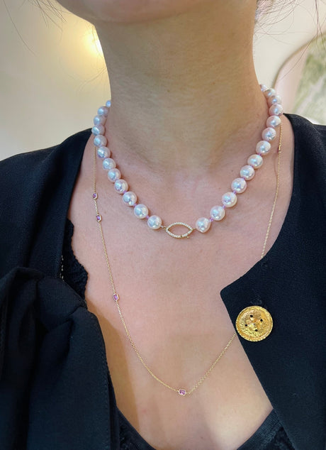 Pink Sapphire Dot Necklace 18k gold handmade fine jewelry on model