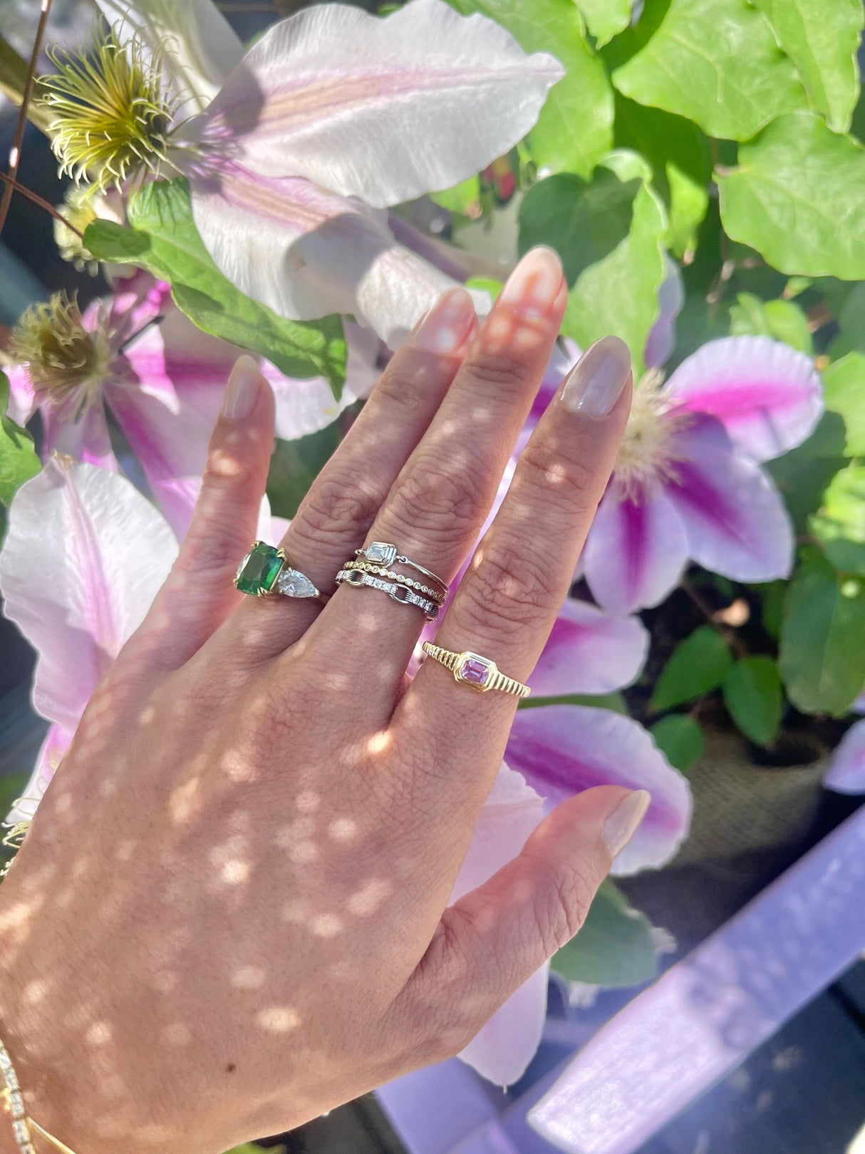 Pink Sapphire Frame Ring 18k gold Stackable ring on model