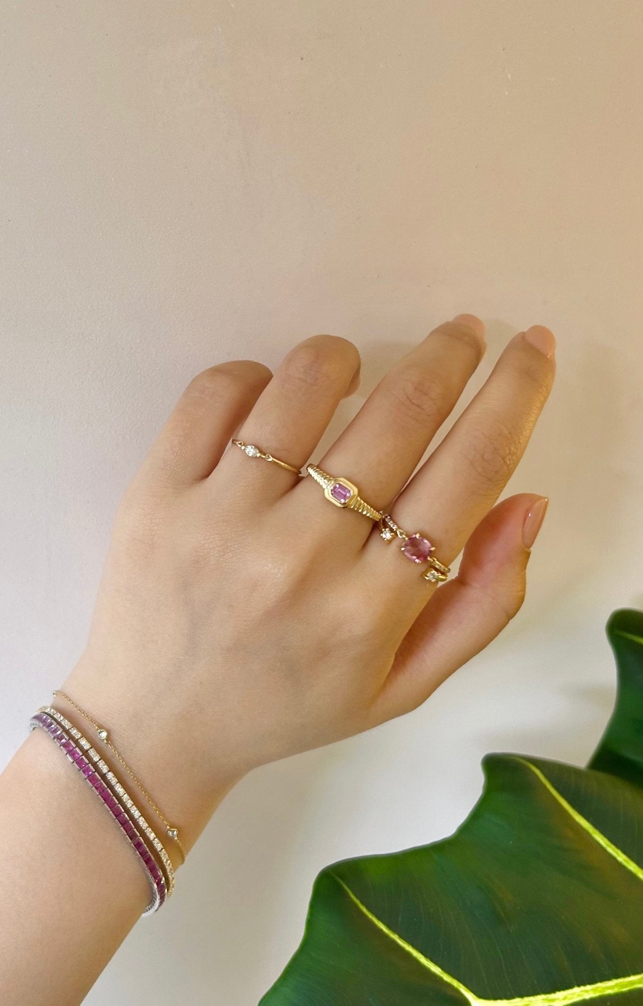 Pink Sapphire Frame Ring 18k gold Stackable ring on model