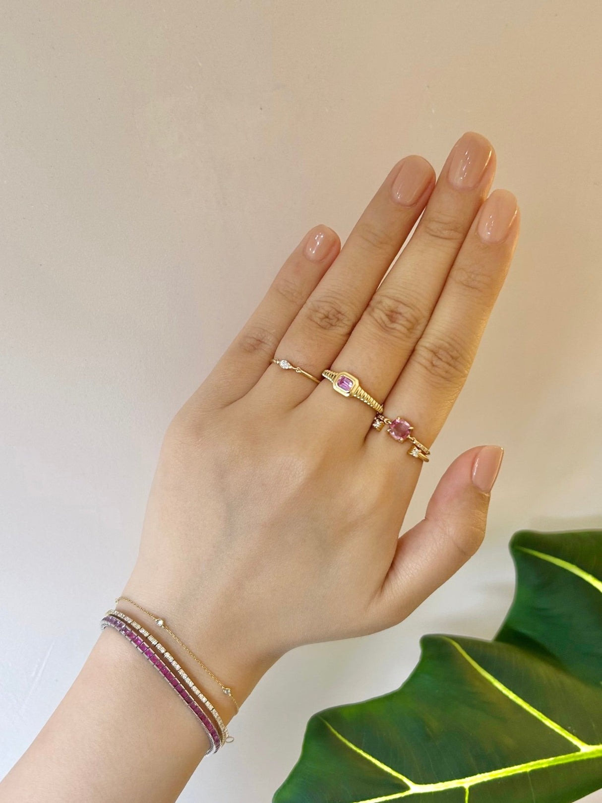 Pink Sapphire Frame Ring 18k gold Stackable ring on model