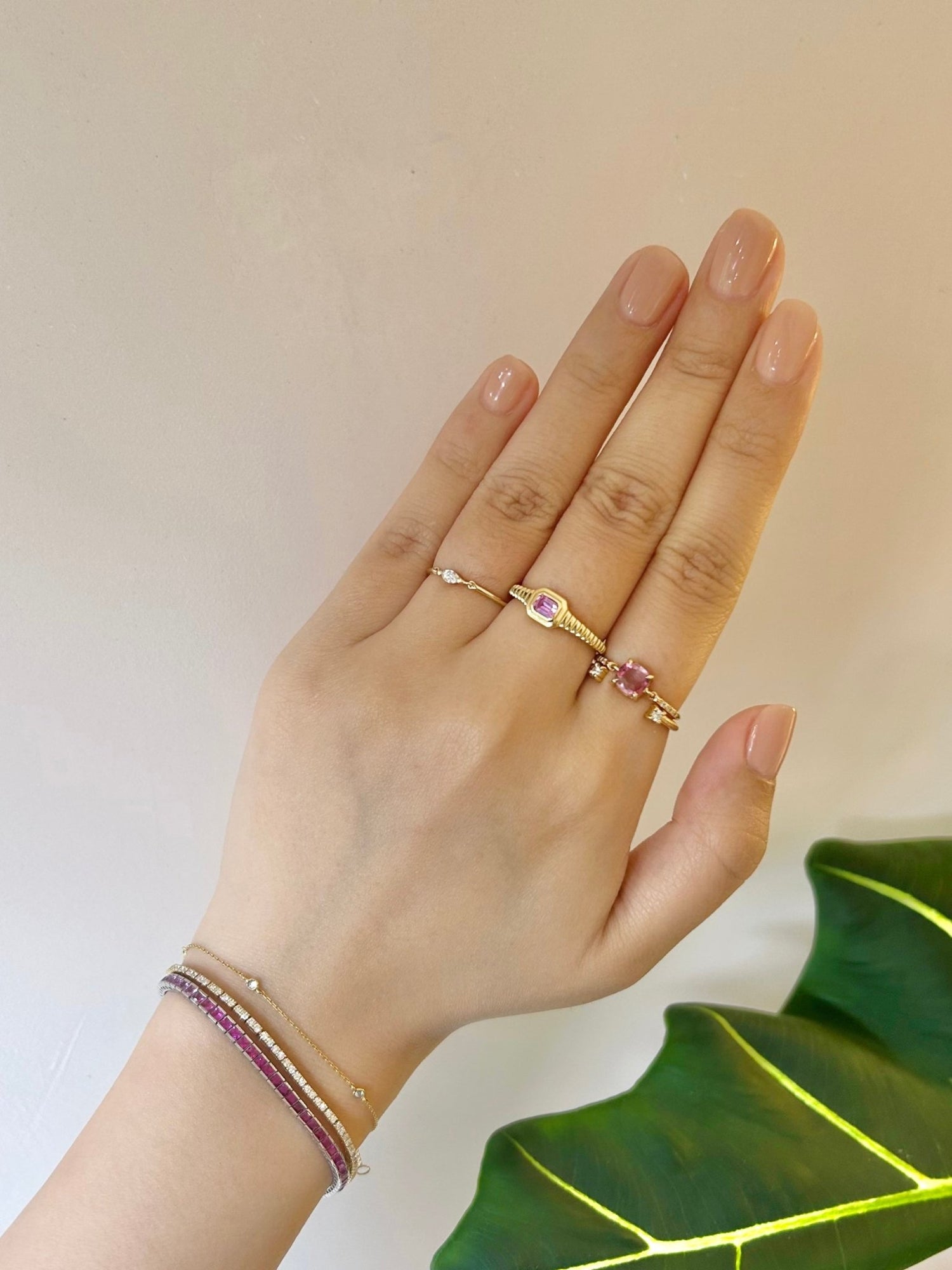 Pink Sapphire Frame Ring 18k gold Stackable ring on model