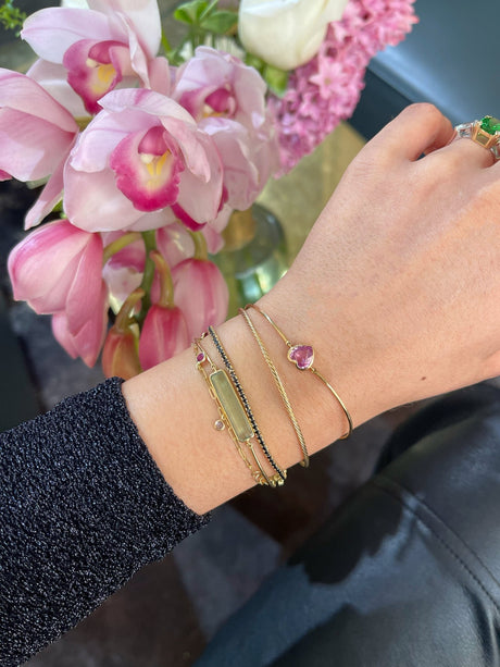 Pink Sapphire Heart Bangle 18k gold Stackable design on model