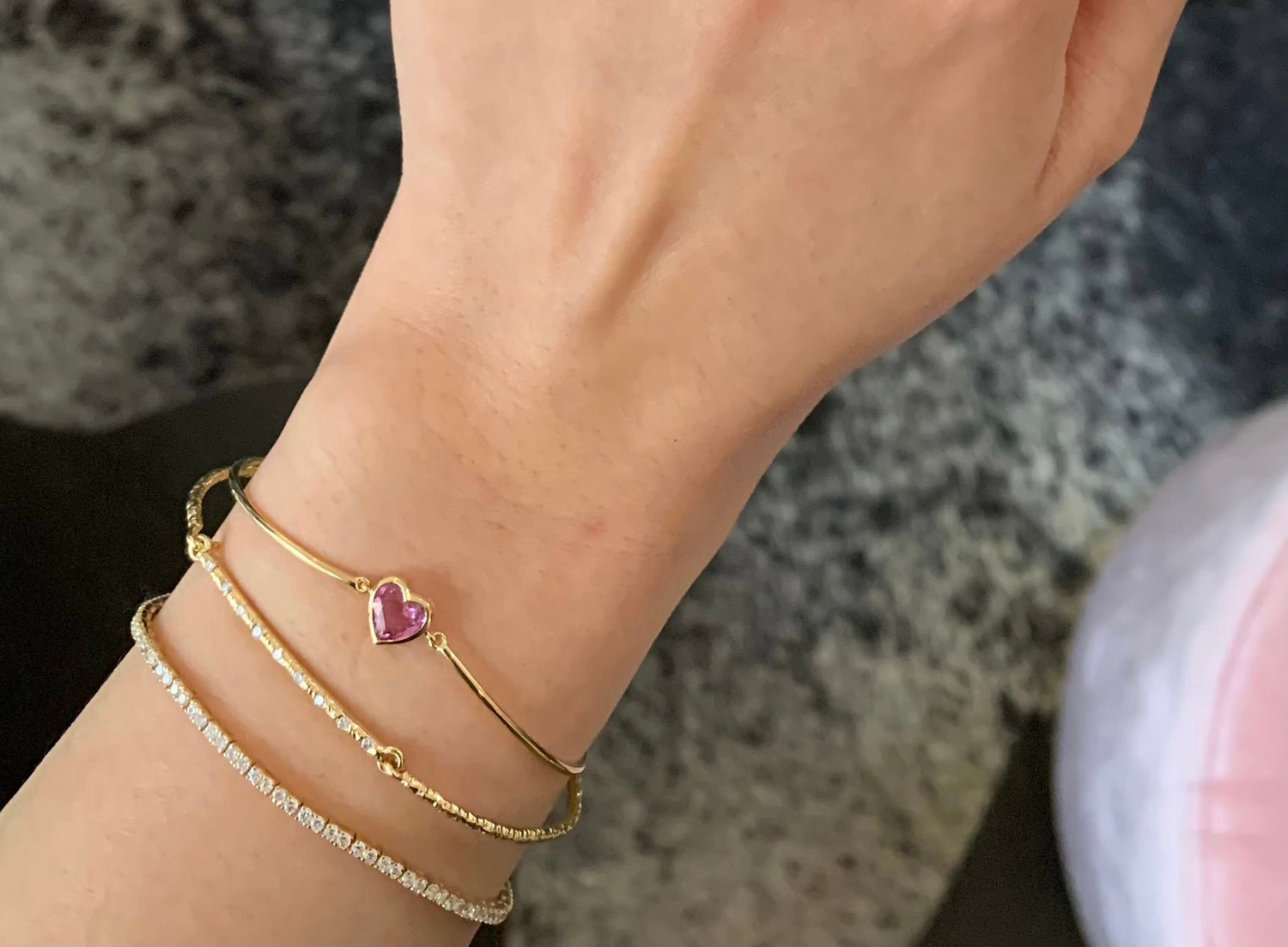 Pink Sapphire Heart Bangle 18k gold Stackable design on model 2