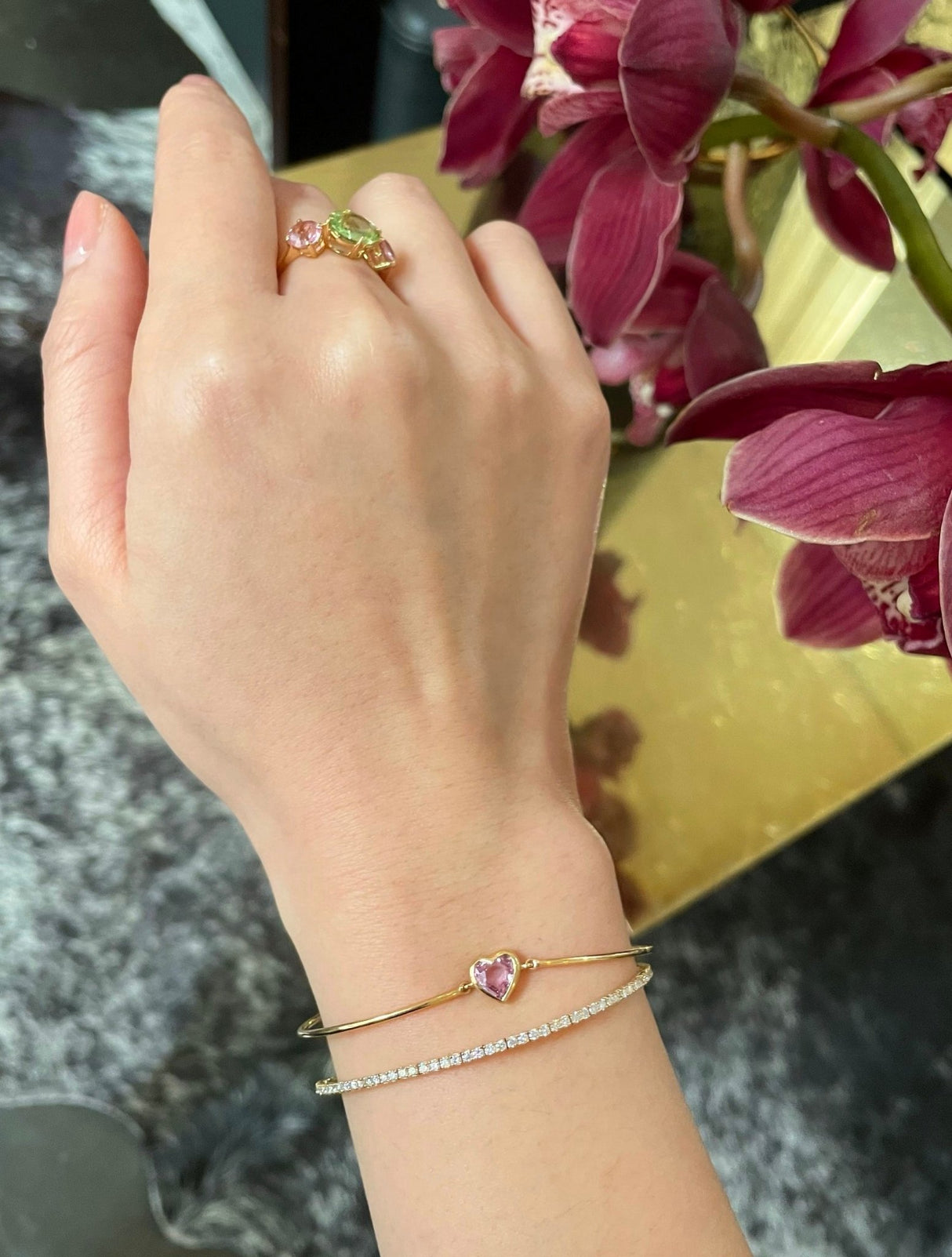 Pink Sapphire Heart Bangle 18k gold Stackable design on model 3