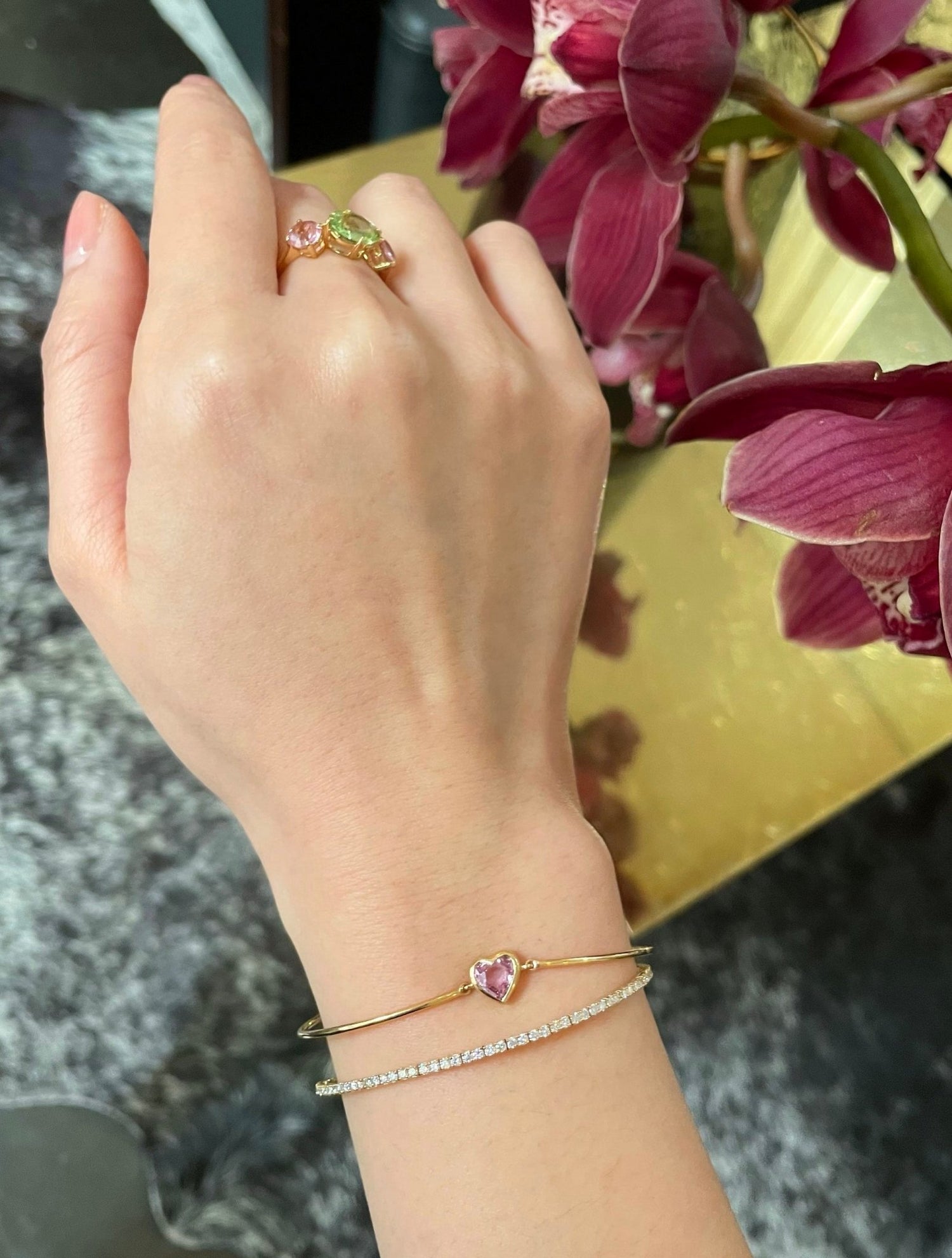 Pink Sapphire Heart Bangle 18k gold Stackable design on model 3