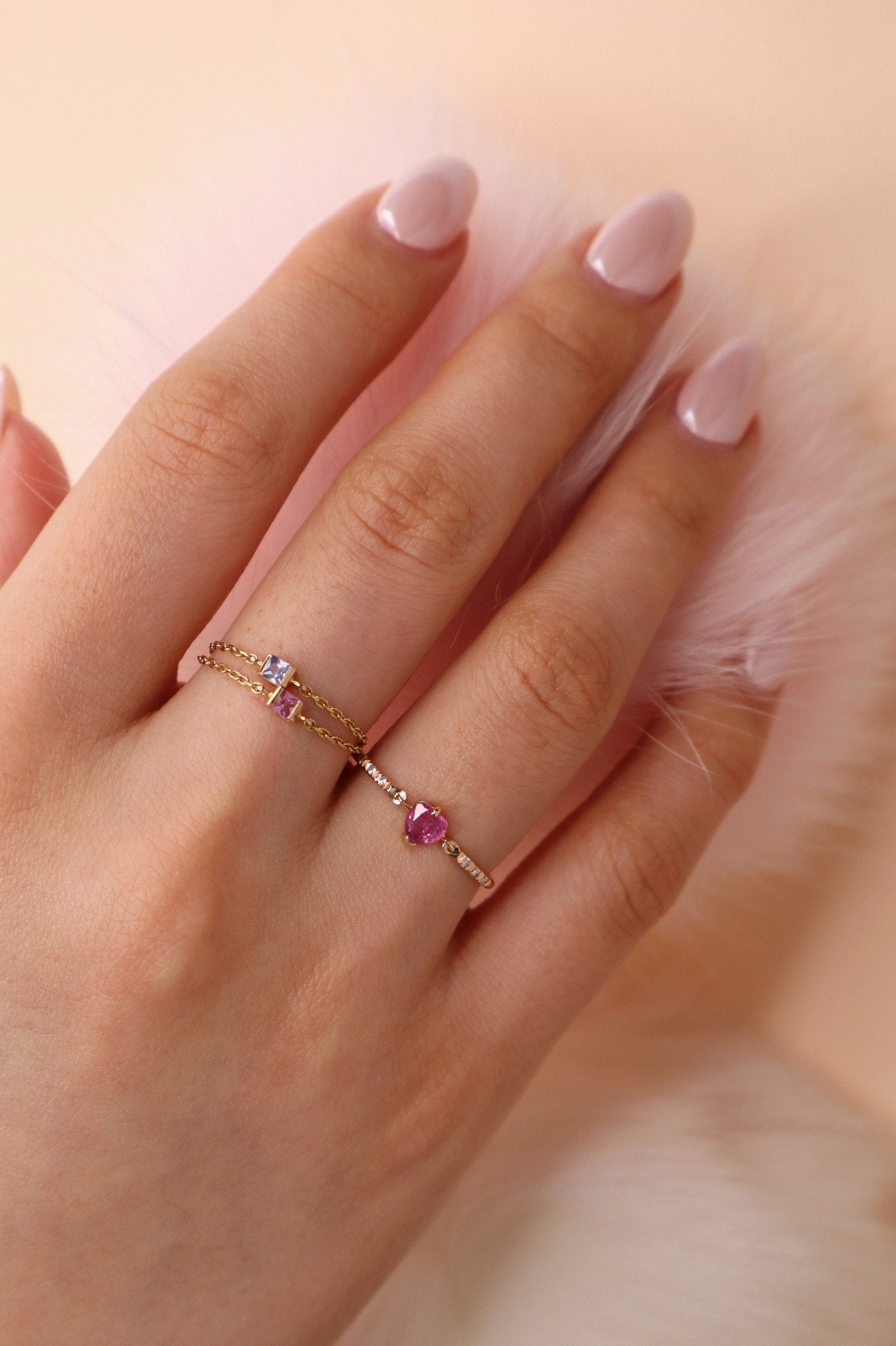 Pink Sapphire Heart Petite Circle Diamond Ring 14k gold stackable design on model 2