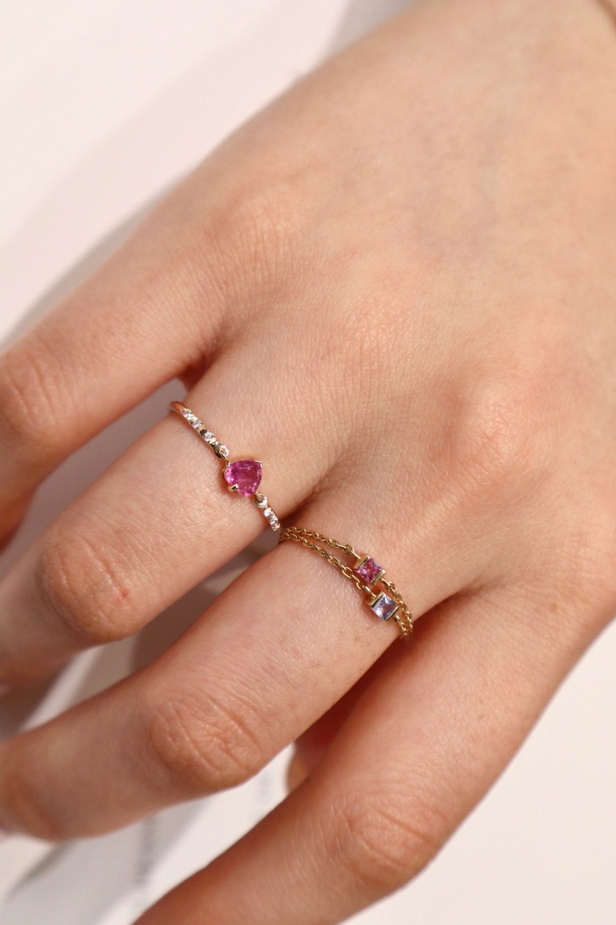 Pink Sapphire Heart Petite Circle Diamond Ring 14k gold stackable design on model 3