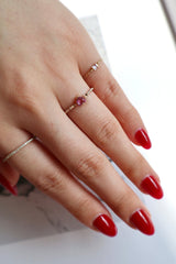 Pink Sapphire Heart Petite Circle Diamond Ring 14k gold stackable design on model 4