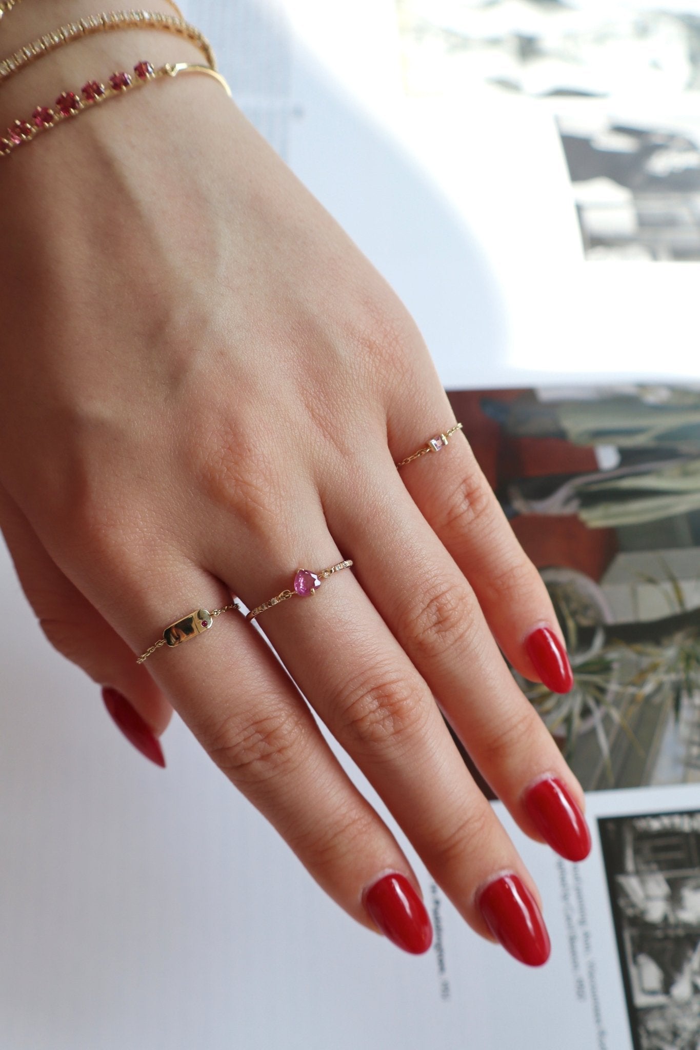 Pink Sapphire Heart Petite Circle Diamond Ring 14k gold stackable design on model 5