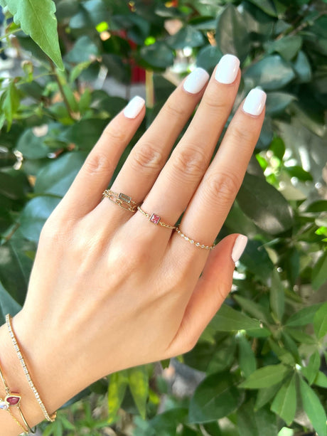 Pink Sapphire Petite Circle Diamond Ring 18k gold Stackable ring on model