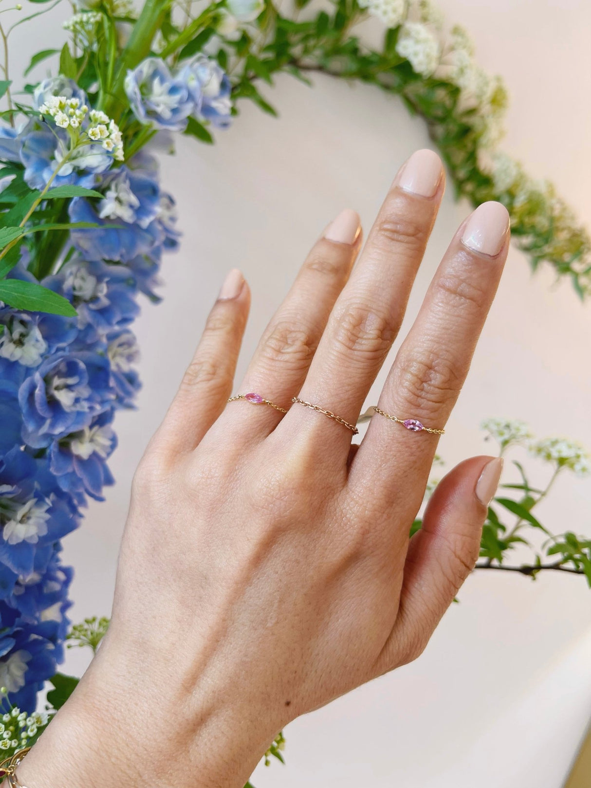  Pink Sapphire Petite Marquise Chain Ring 14k gold Stackable ring on model