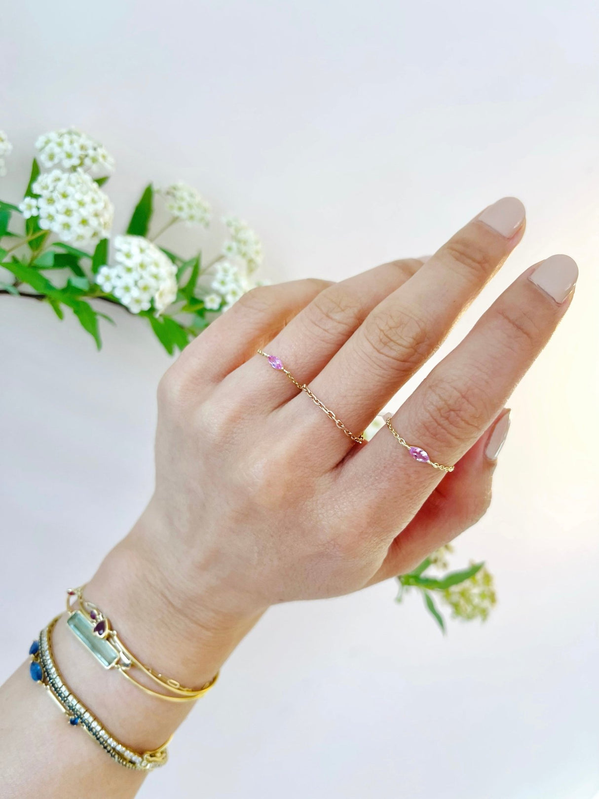  Pink Sapphire Petite Marquise Chain Ring 14k gold Stackable ring on model