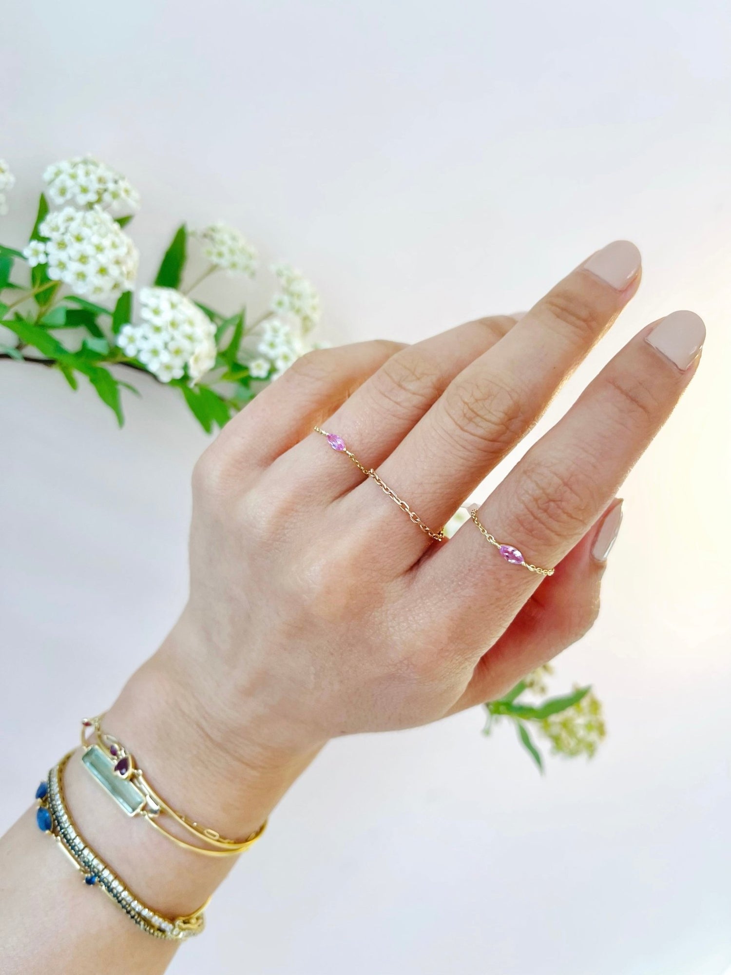  Pink Sapphire Petite Marquise Chain Ring 14k gold Stackable ring on model
