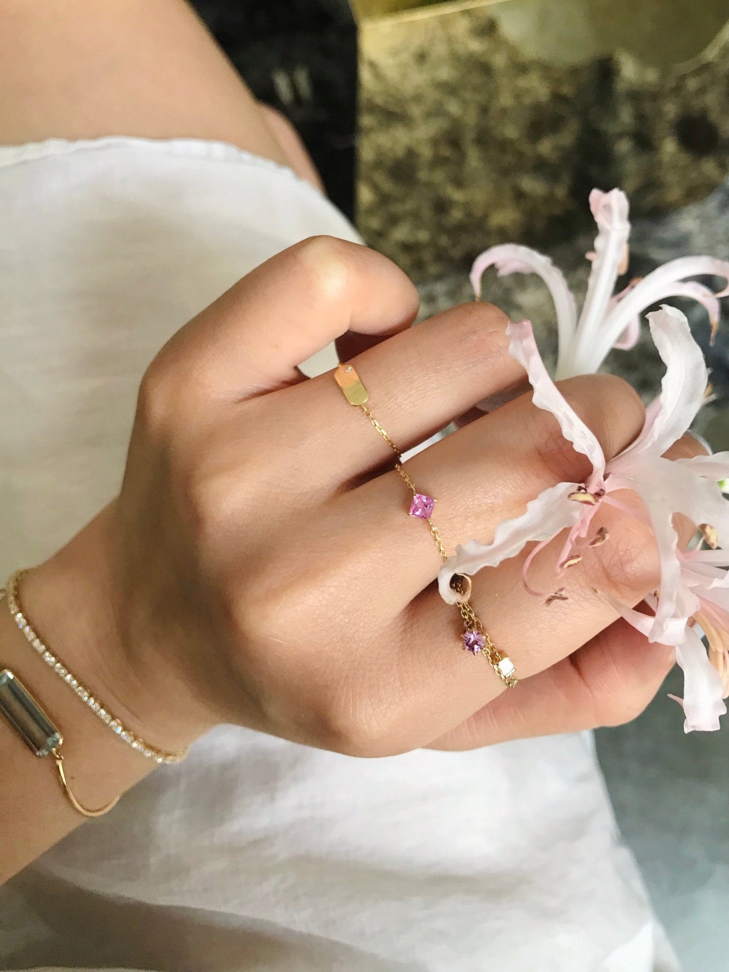 Pink Sapphire Princess Chain Ring 14k gold Stackable ring on model