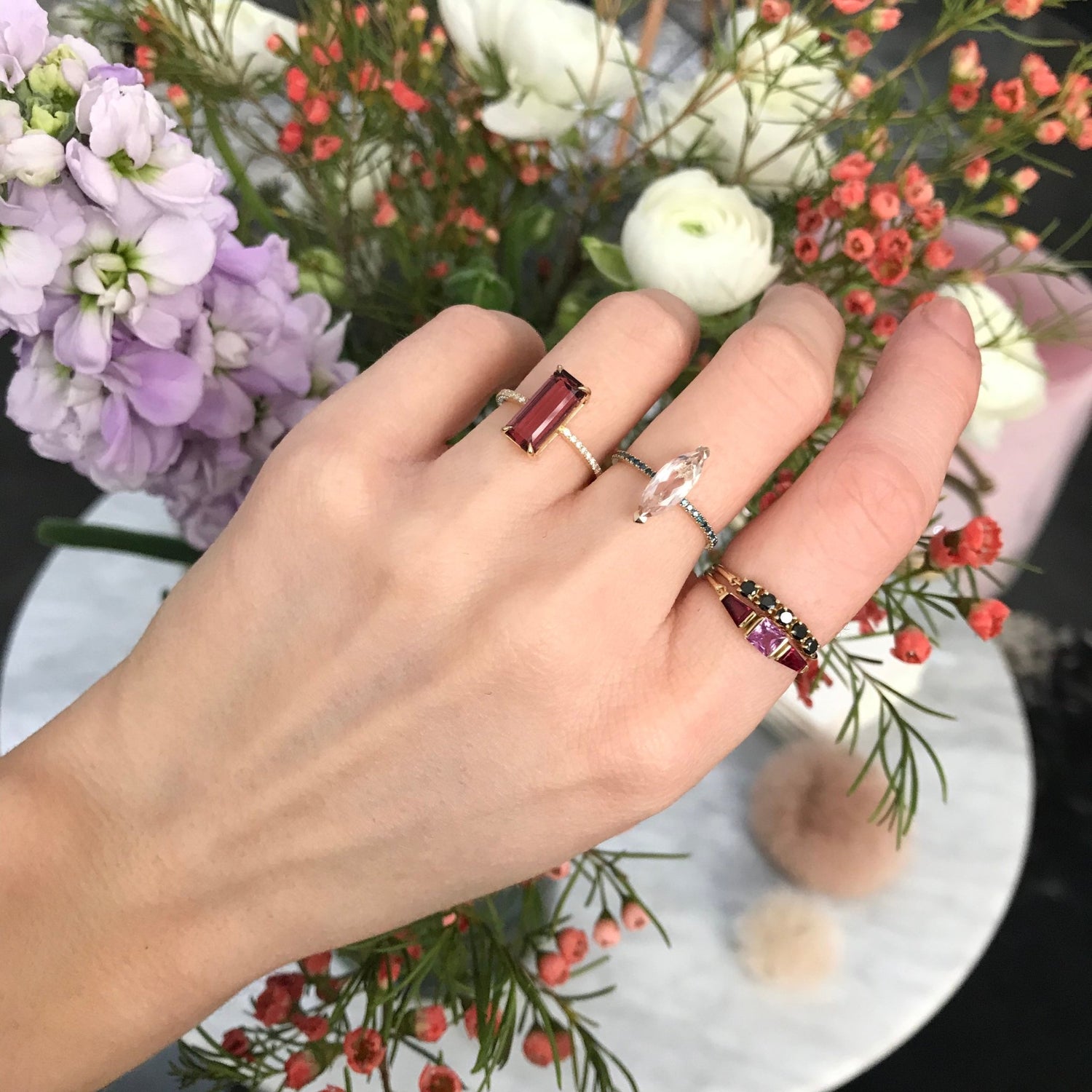 Pink Sapphire & Ruby Lacroix Ring 18k gold stackable ring on model 2