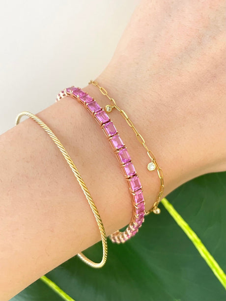 Pink Sapphire Supreme Tennis Bracelet 18k gold stackable design on model