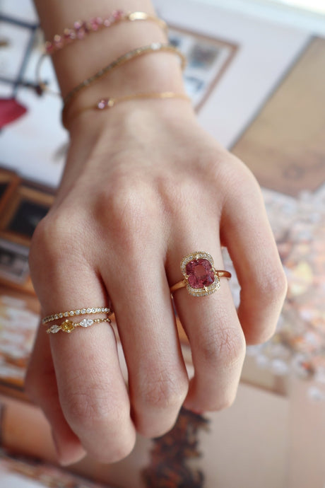 Pink Spinel Aurora Ring 18K engagement ring on model