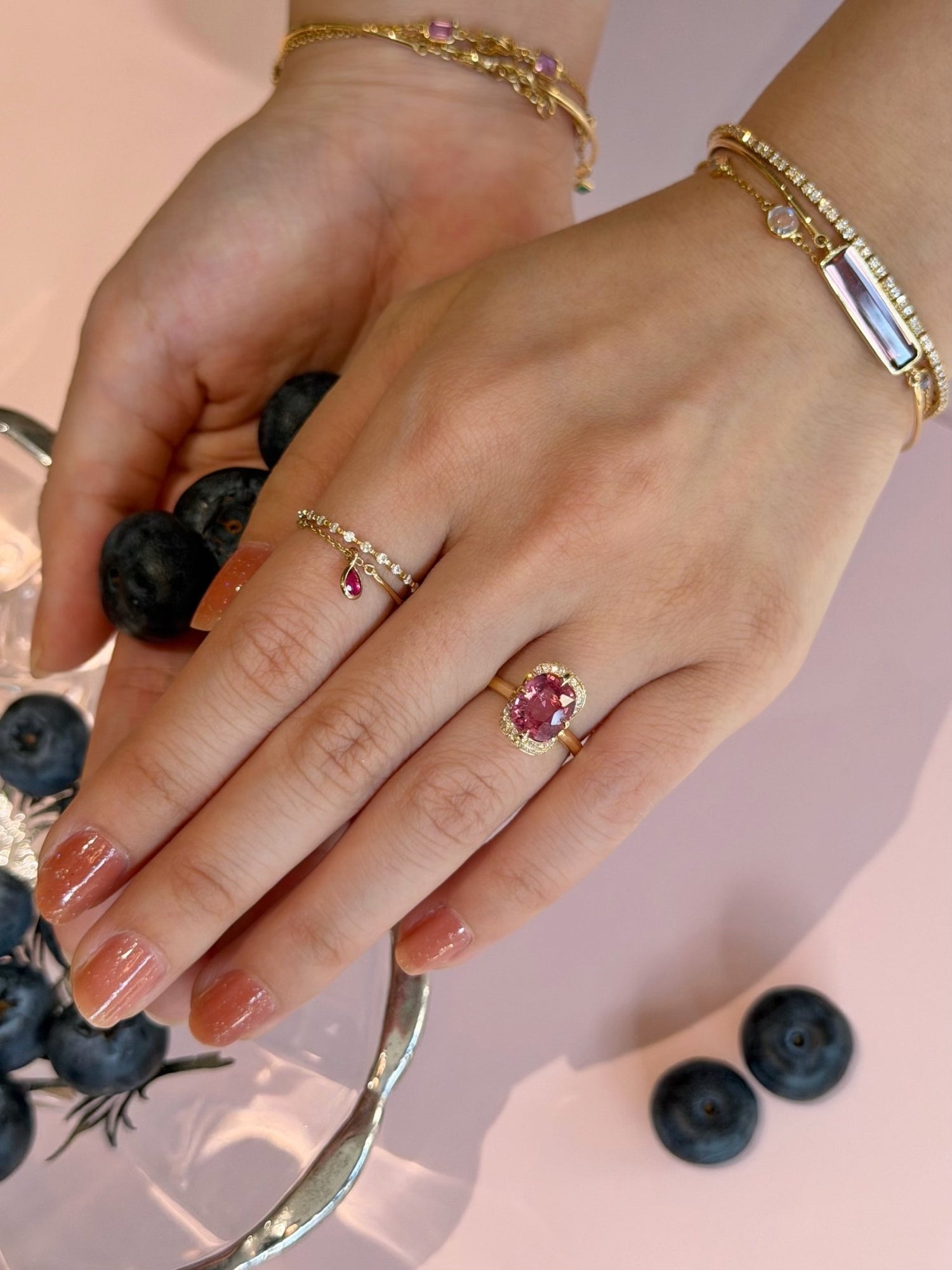 Pink Spinel Aurora Ring 18k gold stackable ring on model