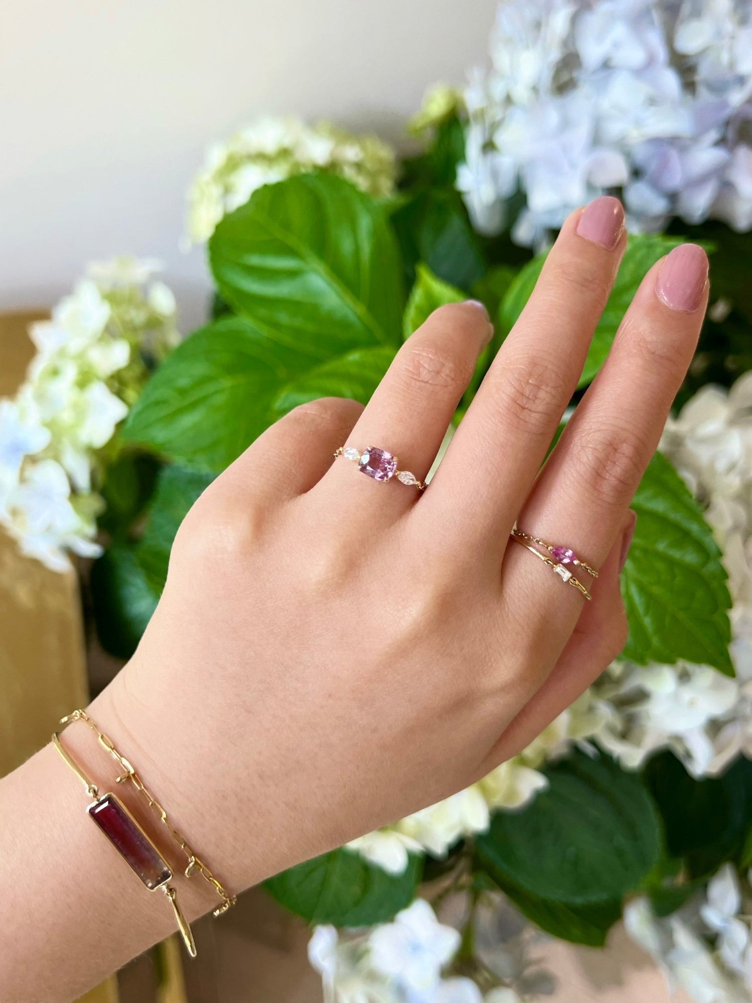 Pink Spinel & Diamond Dream Weaver Chain Ring on model 3