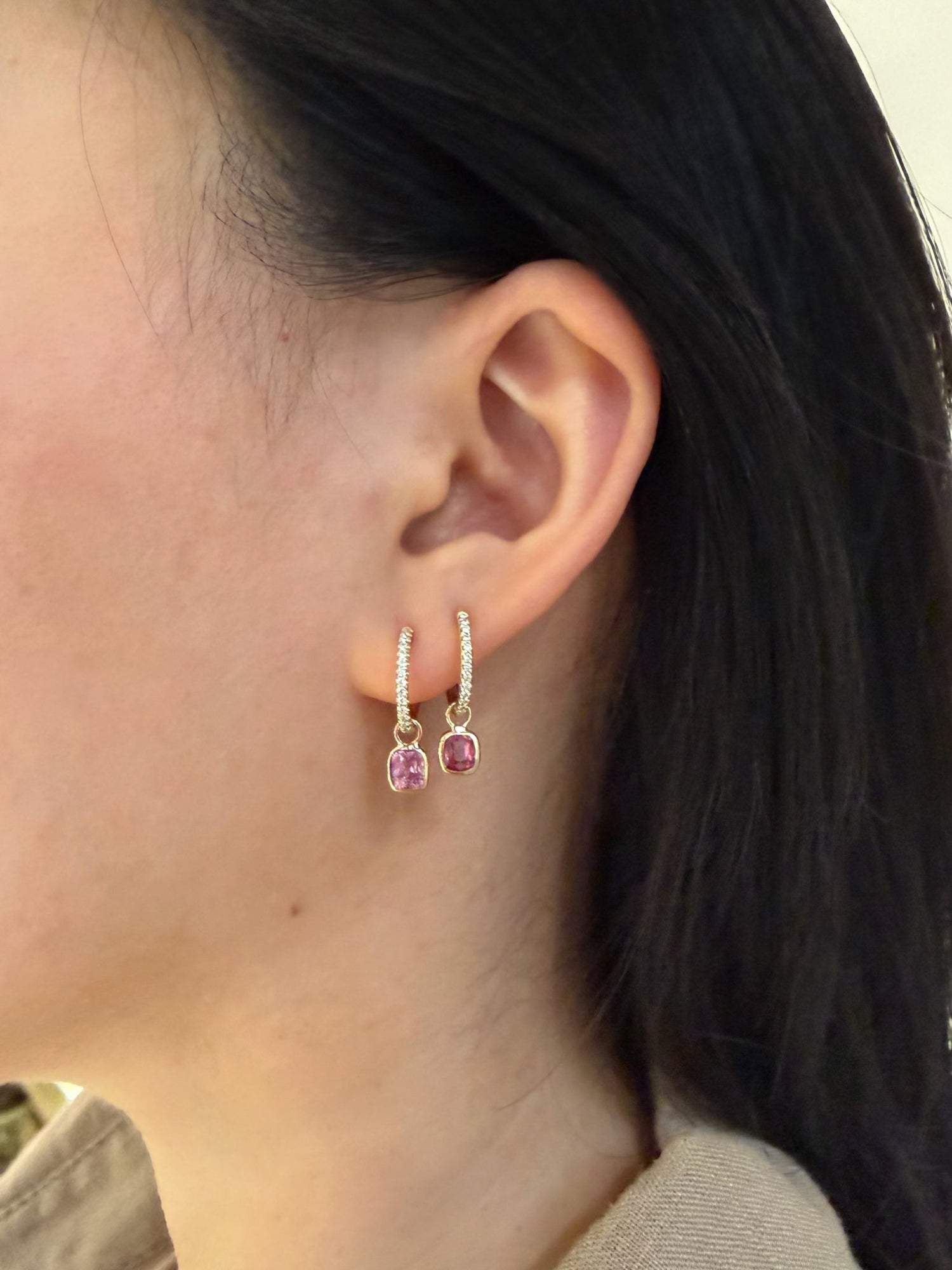 Pink Spinel Hoop Charm 18k rose gold stackable design on model