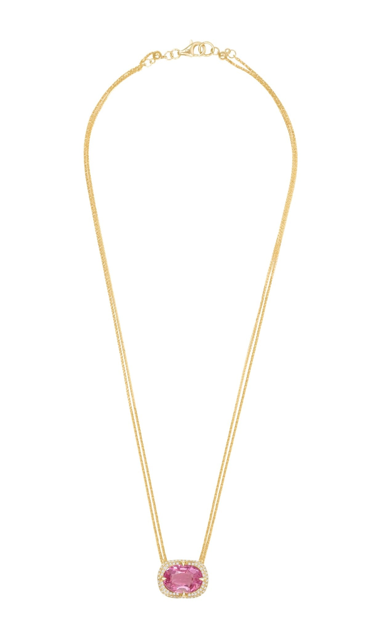 18k Gold necklace with a pink gemstone pendant on a white background