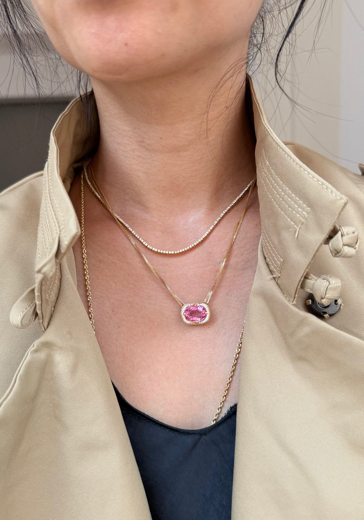 Pink Tourmaline Aurora 18k gold handmade Necklace on model