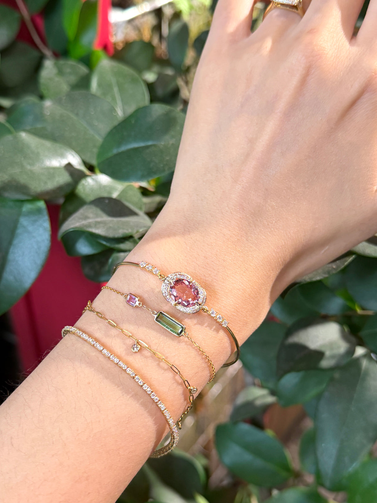 Pink Tourmaline Aurora Bangle 18k gold Stackable design 