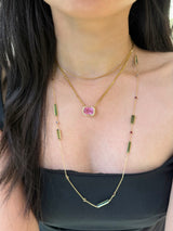 Pink Tourmaline Aurora Necklace 18k gold handmade fine jewelry on model 3