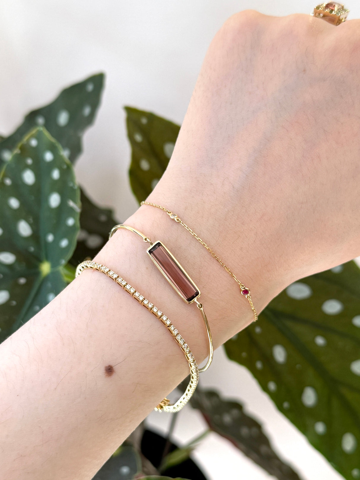 Pink_Tourmaline_Bangle_18K_Stackable_design on model