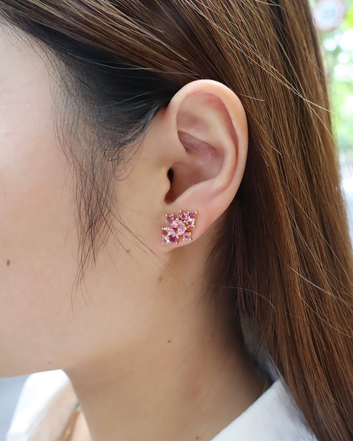 Pink_Tourmaline_Cluster_Earrings_18K_gold_handmade_fine_jewelry_on_model_2