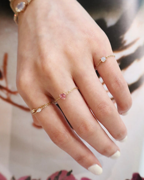 Pink Tourmaline Heart Chain Ring 18K Stackable ring on model