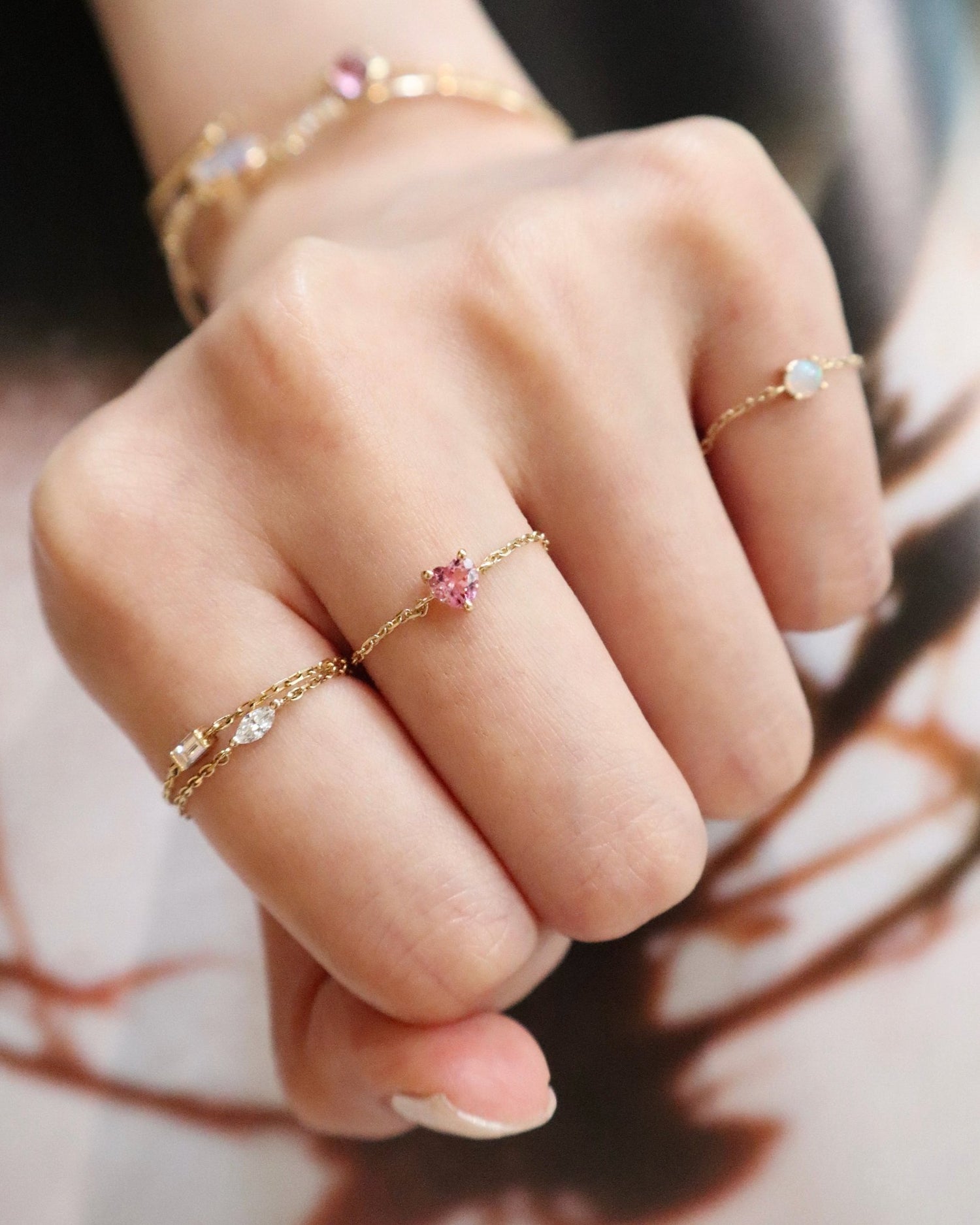 Pink Tourmaline Heart Chain Ring 18K Stackable ring on model 1