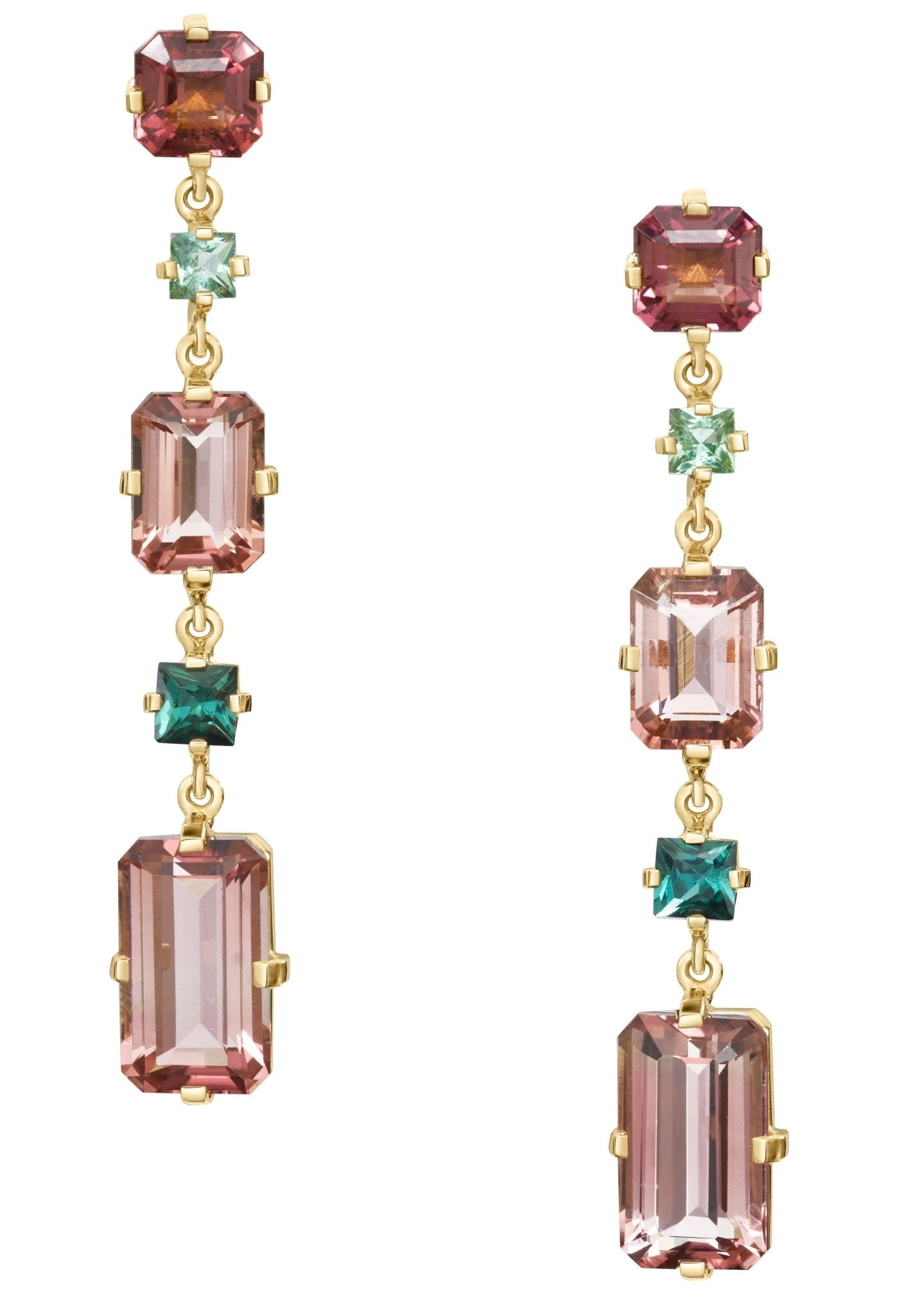 Pink Tourmaline & Indicolite Cascade Bar Earrings 18k gold Handmade fine jewelry.