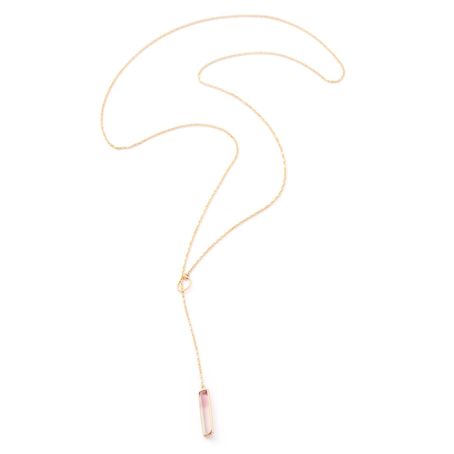 Pink Tourmaline Lariat Bar Necklace 18k gold handmade fine jewelry