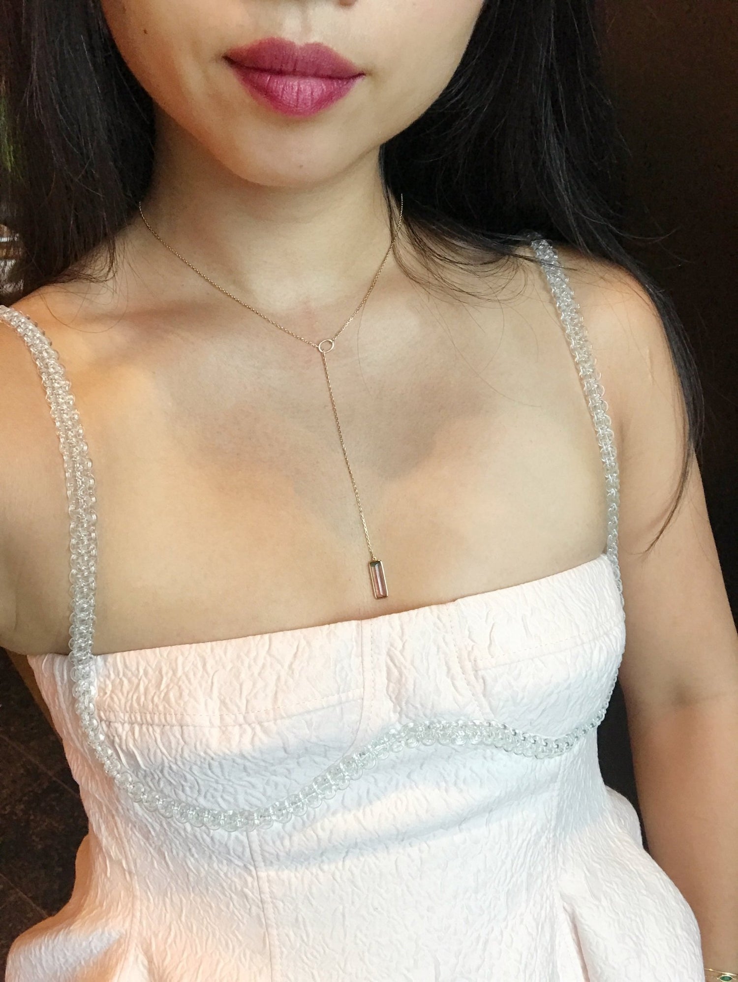 Pink Tourmaline Lariat Bar Necklace 18k gold handmade fine jewelry on model 2