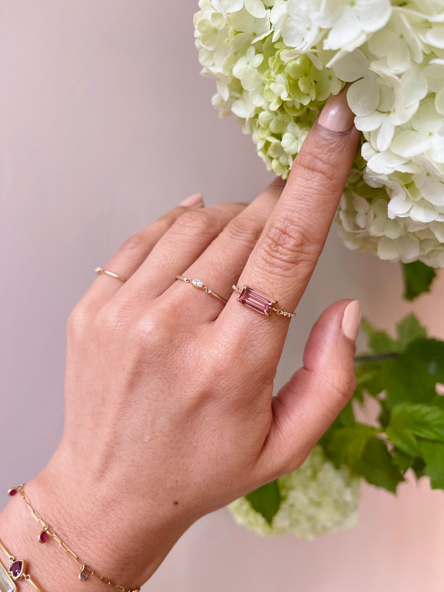 Pink Tourmaline Petite Circle Diamond Ring 18k gold stackable ring on model