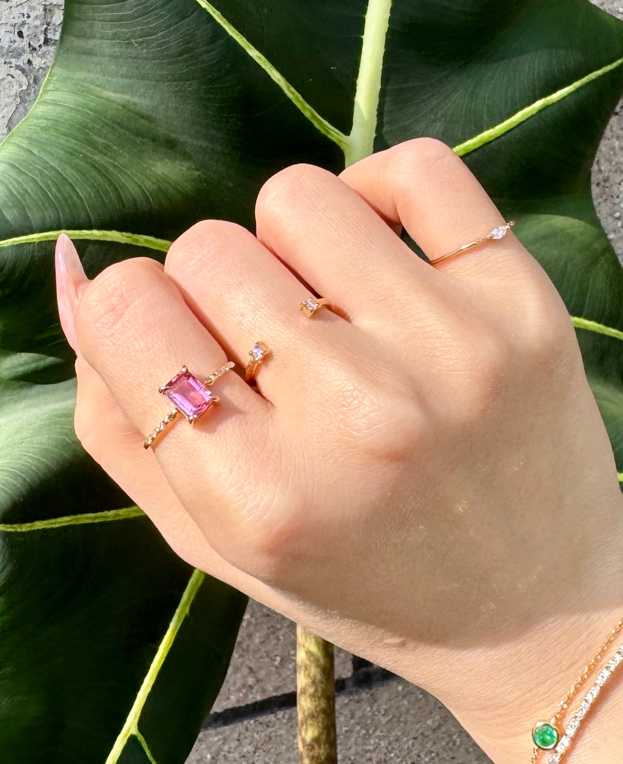 Pink Tourmaline Petite Circle Diamond Ring 18k gold stackable ring on model