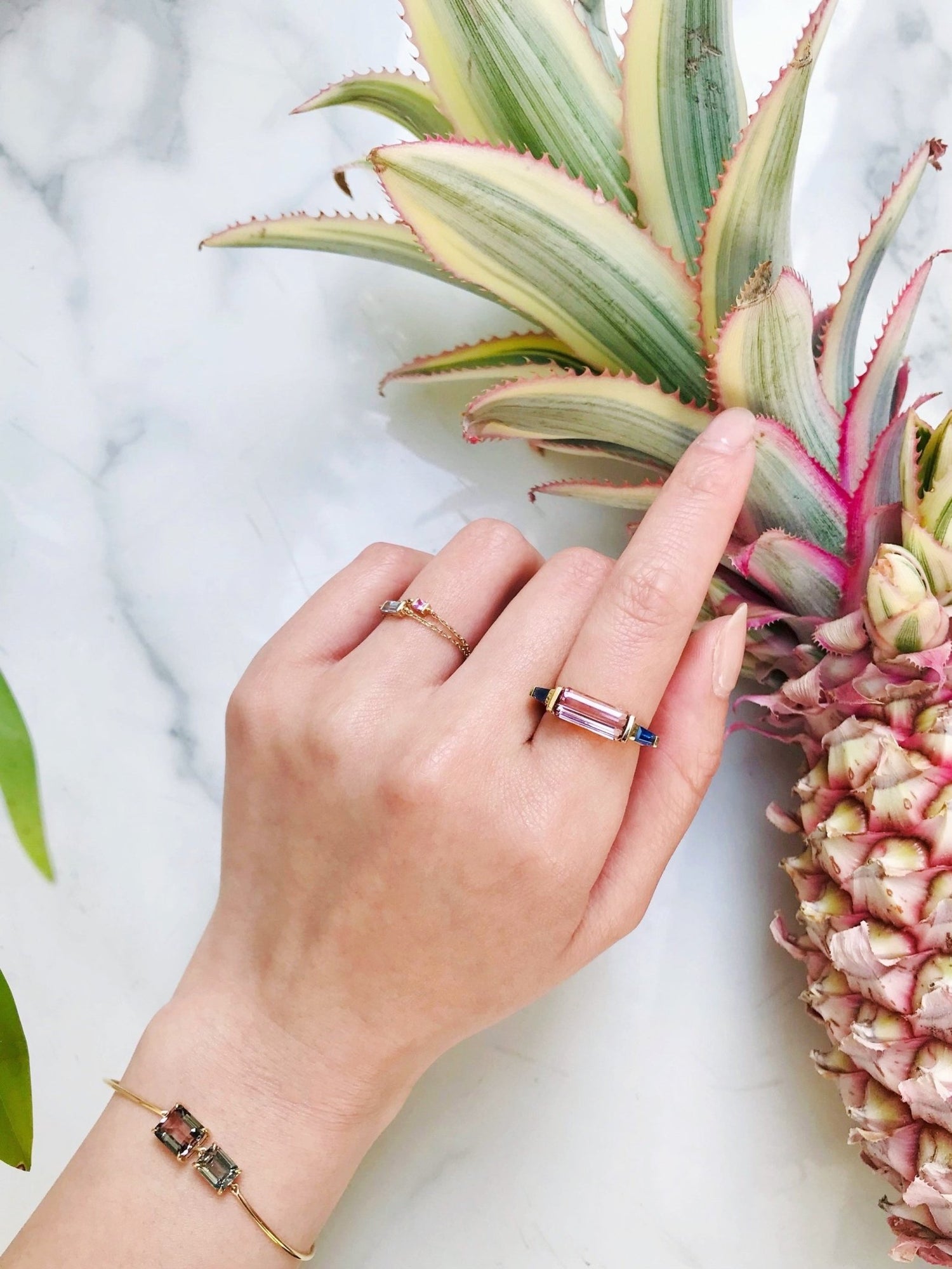 Pink Tourmaline & Sapphire East West Ring 18k gold stackable ring on model