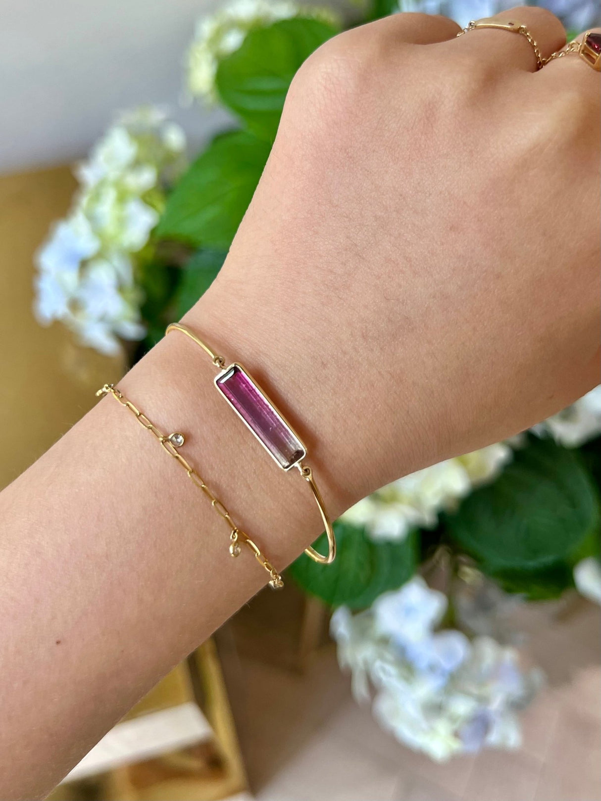 Pink Watermelon Tourmaline Bangle 18k gold handmade fine jewelry on model 2