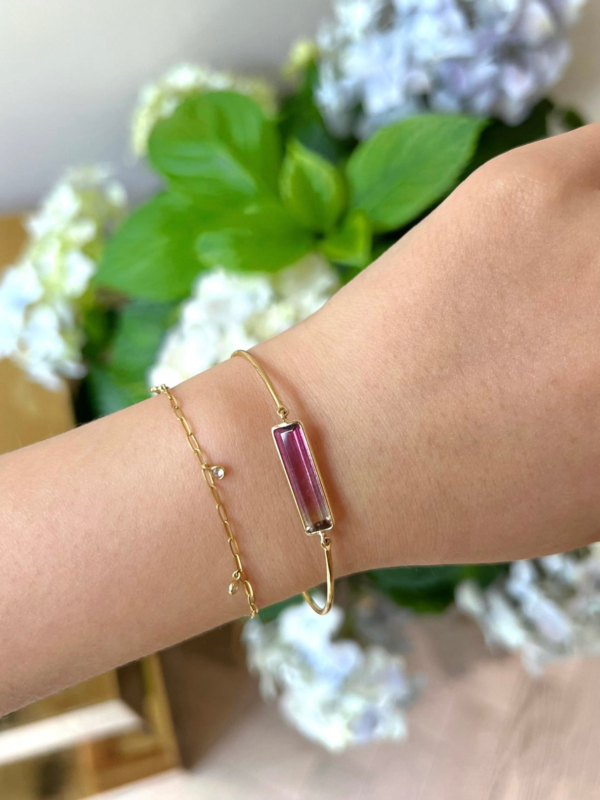 Pink Watermelon Tourmaline Bangle 18k gold handmade fine jewelry on model 3