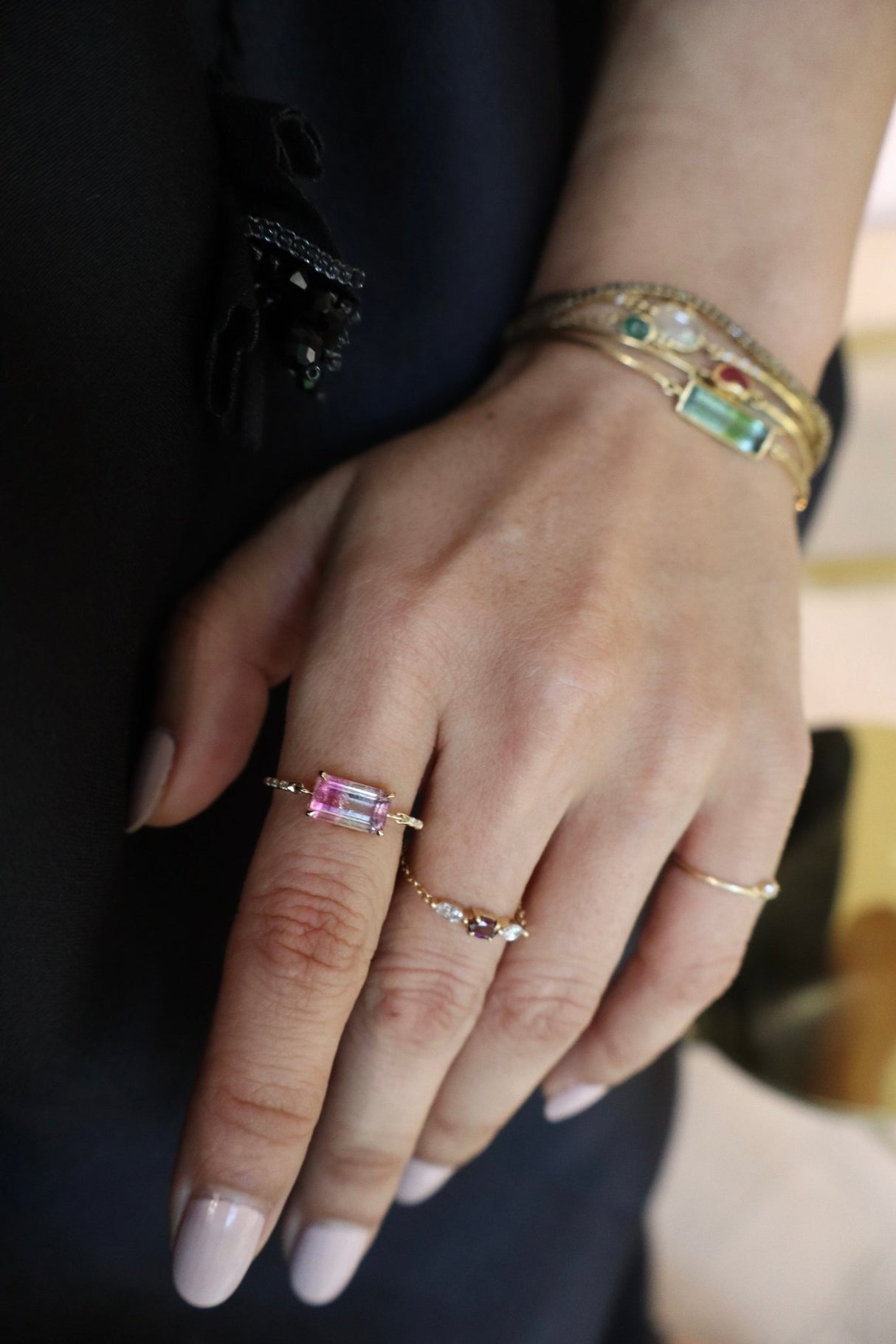 Pink Watermelon Tourmaline Petite Circle Diamond Rings 18K engagement ring on model