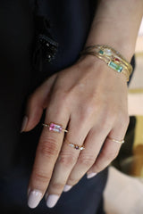 Pink Watermelon Tourmaline Petite Circle Diamond Rings 18K engagement ring on model
