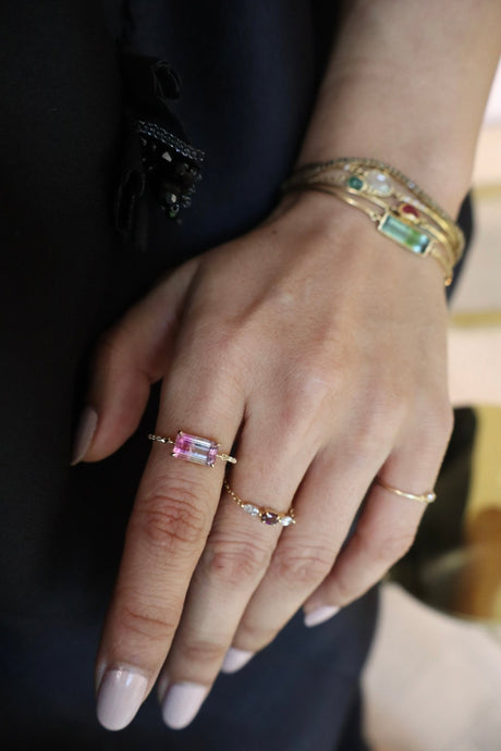 Pink Watermelon Tourmaline Petite Circle Diamond Rings 18K engagement ring on model
