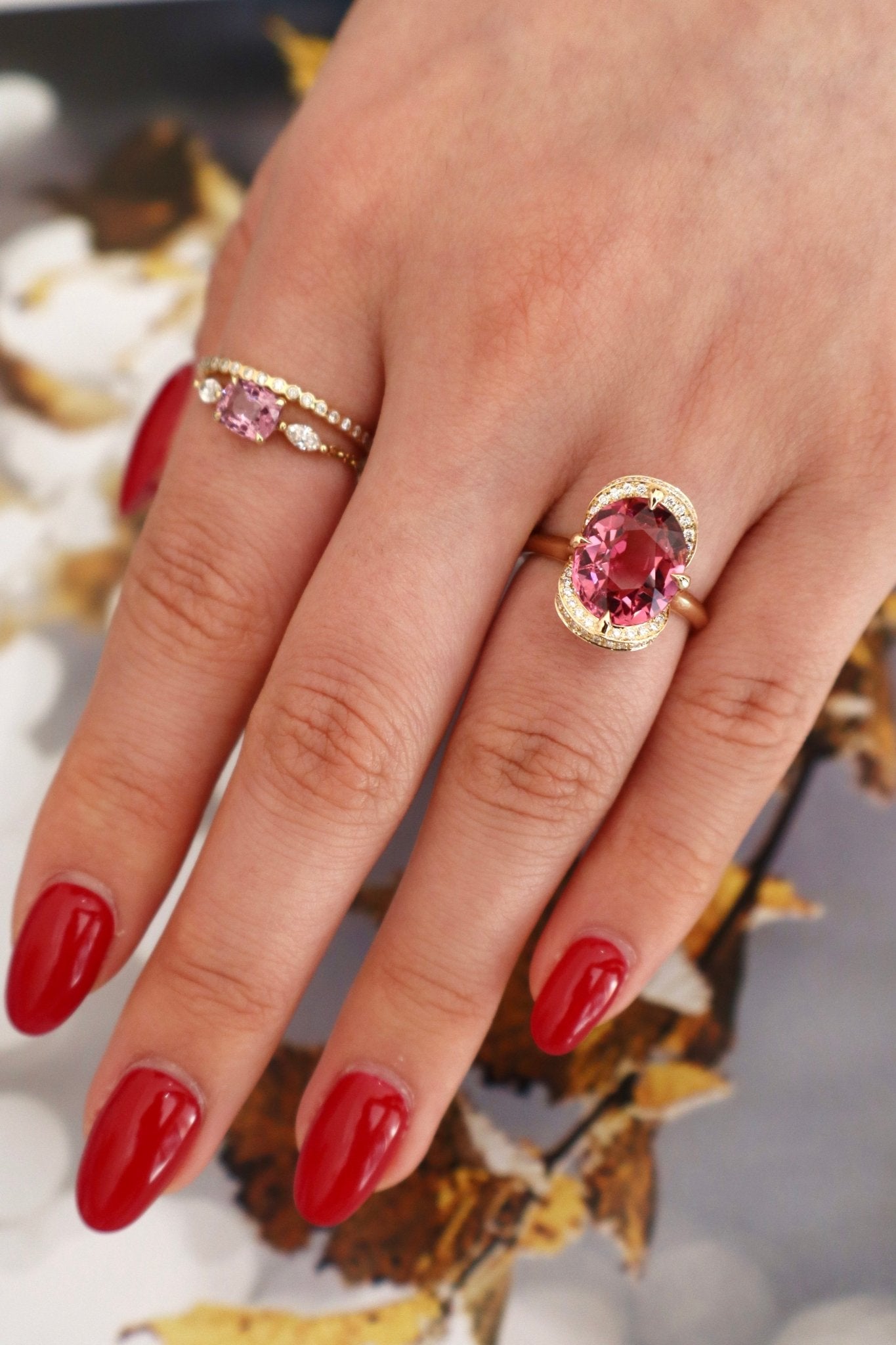 Pink tourmaline Aurora Supreme Ring 18k gold engagement ring on model