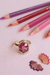 Pink tourmaline Aurora Supreme Ring 18k gold engagement ring on model 3