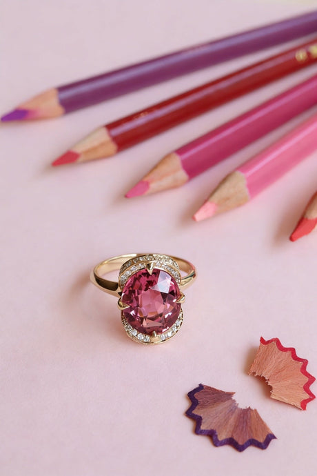 Pink tourmaline Aurora Supreme Ring 18k gold engagement ring on model 3